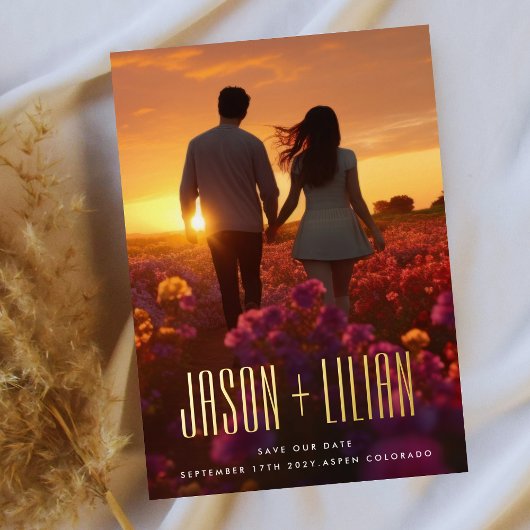 ウルトラシンプルはっきりしたー名金ゴールド写真救私たちの日付 箔招待状