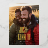 ウルトラシンプルモダンー名金ゴールド写真救私たちの日付 箔招待状 (正面)