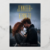 ウルトラシンプルモダンー名金ゴールド写真救私たちの日付 箔招待状 (正面)