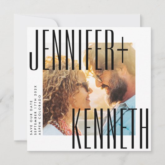 ウルトラシンプルー名はっきりしたフォトスクエアQRコードRSVP セーブザデート (正面)