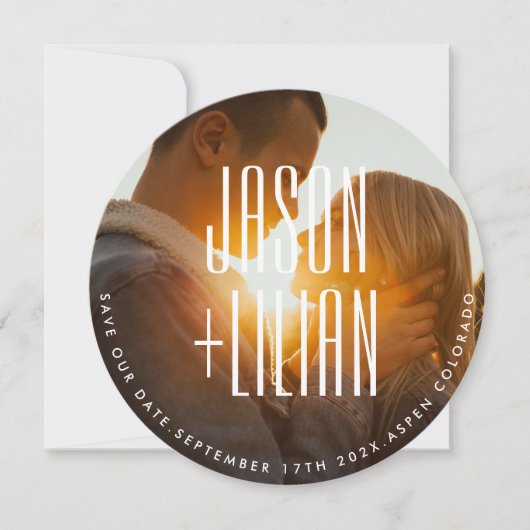 ウルトラシンプルー名はっきりした写真ラウンドQRコードRSVP セーブザデート (正面)