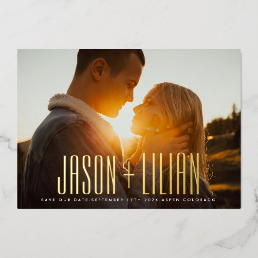 ウルトラシンプルー名はっきりした金ゴールド写真の保存日付 箔招待状 (正面)