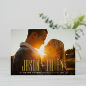 ウルトラシンプルー名はっきりした金ゴールド写真の保存日付 箔招待状 (立ち正面)