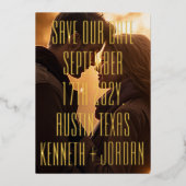 ウルトラシンプル詳細はっきりした金ゴールド救写真OUR DATE 箔招待状 (正面)