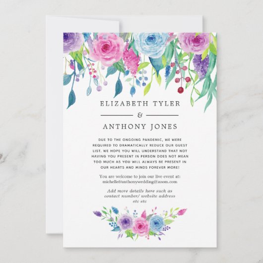 ウルトラバイオレットの色合いを組み合わせた花柄のゲストリスト縮小発表カード 案内状 (正面)