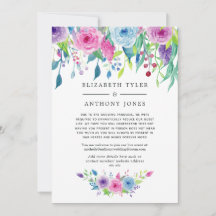 ウルトラバイオレットの色合いを組み合わせた花柄のゲストリスト縮小発表カード