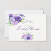 ウルトラバイオレットの花を添えた結婚式のメイドオブオナーにお願いします 招待状 (正面)