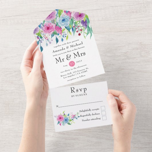 ウルトラバイオレットカラーコンボ結婚フローラ オールインワン招待状 (貼ってはがせる)