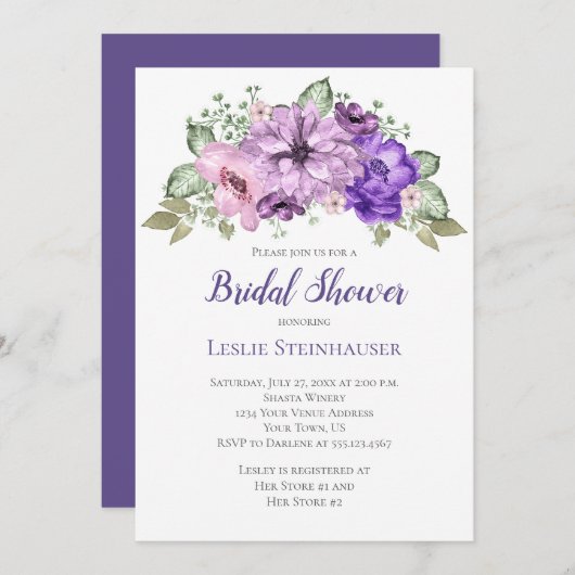 ウルトラバイオレットパープルセージグリーンフローラブライダルシャワー 招待状 (正面/裏面)