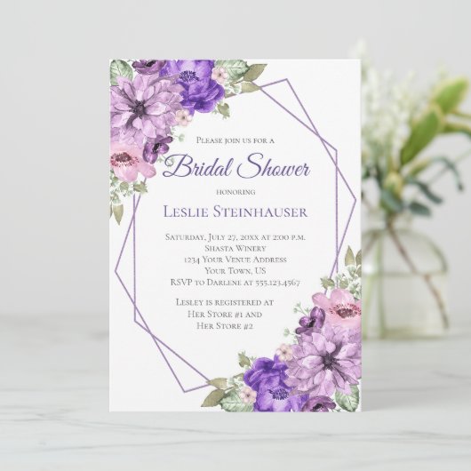 ウルトラバイオレットパープルフローラ幾何学的ブライダルシャワー 招待状 (スタンド正面)