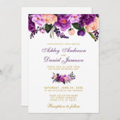 ウルトラバイオレットパープルフローラ金ゴールド結婚式招待状 招待状 (正面/裏面)
