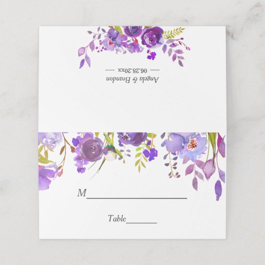 ウルトラバイオレットパープル水彩花のウェディング プレイスカード (外部開封)