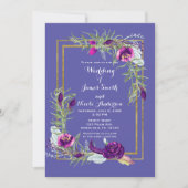 ウルトラバイオレットパープル&金ゴールドフローラボヘミアン結婚ズ 招待状 (正面)