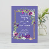 ウルトラバイオレットパープル&金ゴールドフローラボヘミアン結婚ズ 招待状 (スタンド正面)