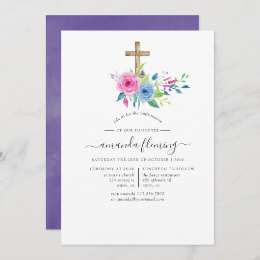 ウルトラバイオレット水彩花モチーフの確認メッセージ 招待状 (正面/裏面)