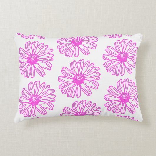 ウルトラピンクデイジーフラワープリント、ヒッピーフローラ アクセントクッション (正面)