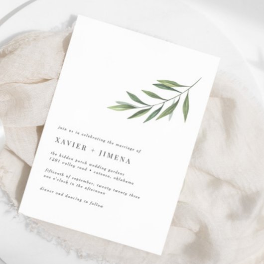 ウルトラミニマルモダンオリーブブランチ結婚ズ 招待状