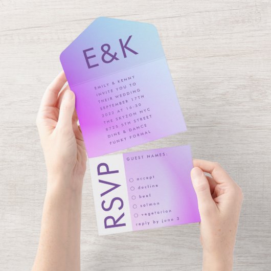 ウルトラモダングラディエント紫秋の結婚式 オールインワン招待状 (貼ってはがせる)