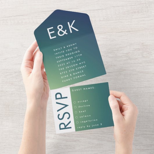 ウルトラモダングラディエント緑グラデーション青結婚色 オールインワン招待状 (貼ってはがせる)