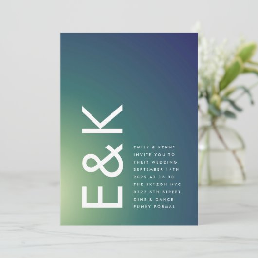 ウルトラモダングラディエント緑グラデーション青結婚色 招待状 (スタンド正面)