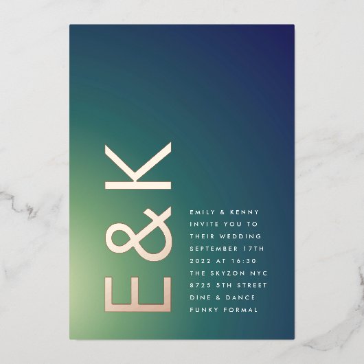 ウルトラモダングラディエント緑グラデーション青結婚色 箔招待状 (正面)
