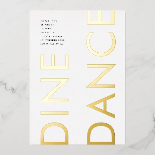 ウルトラモダンモノグ結婚ラムの金ゴールドDINE DANCE 箔招待状 (正面)