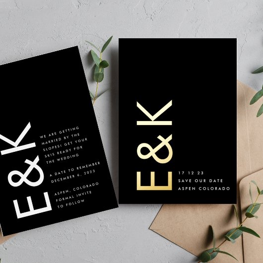 ウルトラモダン金ゴールドノンフォトモノグラム救の私たちの日付 箔招待状