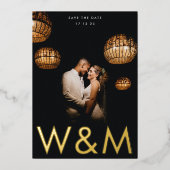 ウルトラモダン金ゴールドフォトモノグラム日付の保存 箔招待状 (正面)