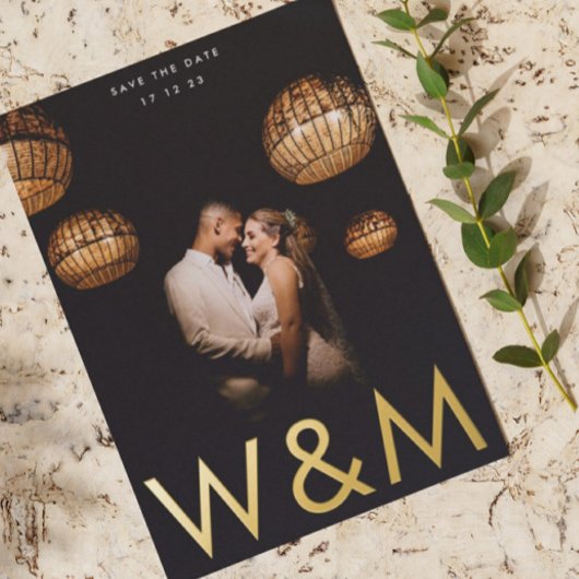 ウルトラモダン金ゴールドフォトモノグラム日付の保存 箔招待状