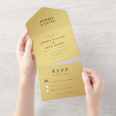 ウルトラモダン金ゴールドブラックミニマリストRSVP結婚's オールインワン招待状 (貼ってはがせる)