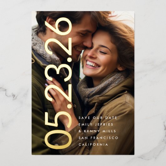 ウルトラモダン金ゴールド写真はっきりしたDATE救 Our Date 箔招待状 (正面)