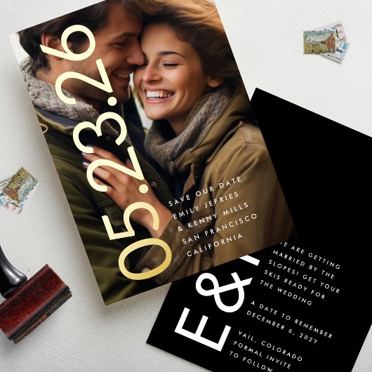 ウルトラモダン金ゴールド写真はっきりしたDATE救 Our Date 箔招待状