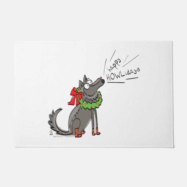 ウルフおもしろいクリスマスハッピーハウリデイズホリデー ドアマット (正面)