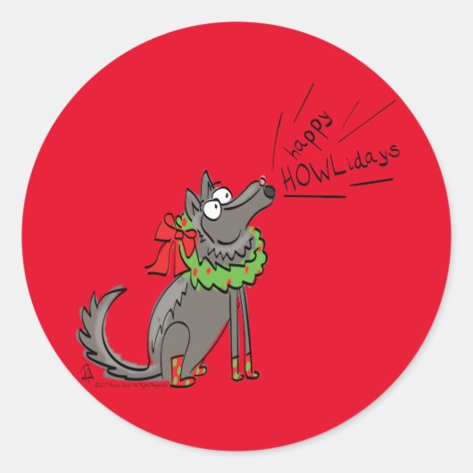 ウルフおもしろいクリスマスハッピーハウリデイズホリデー ラウンドシール (正面)
