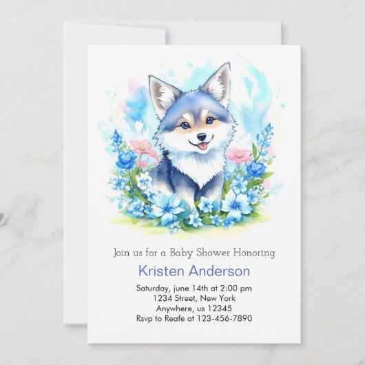 ウルフお洒落キュートな水彩少年の赤ちゃんシャワー 招待状 (正面)