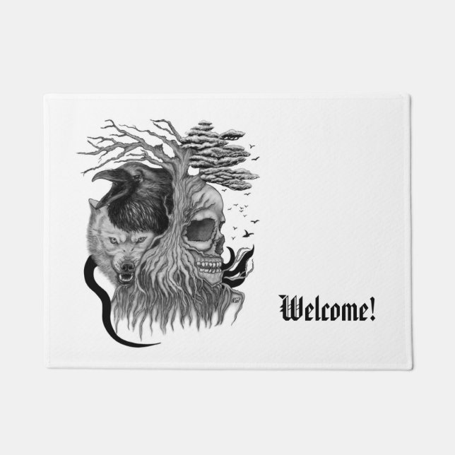ウルフとレイヴンのスカル ドアマット (正面)