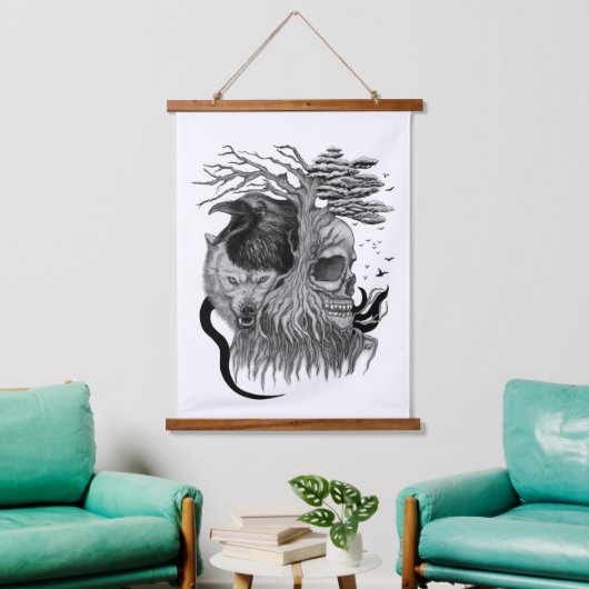 ウルフとレイヴンのスカル 吊り下げ型タペストリー (リビング)