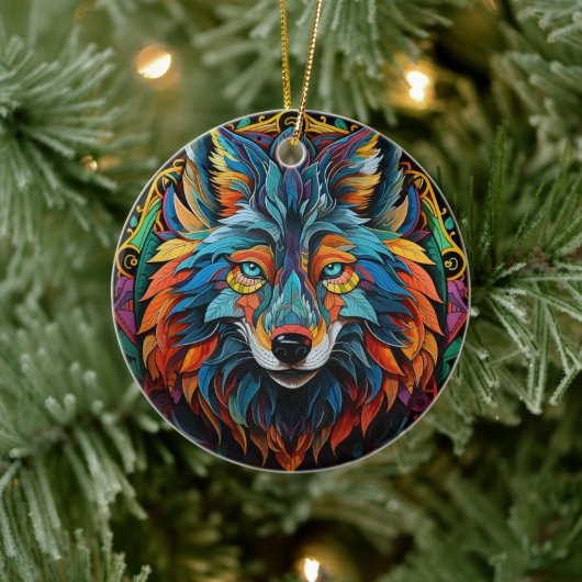 ウルフのステンドグラスのセラミックツリーの装飾 セラミックオーナメント (ツリー)