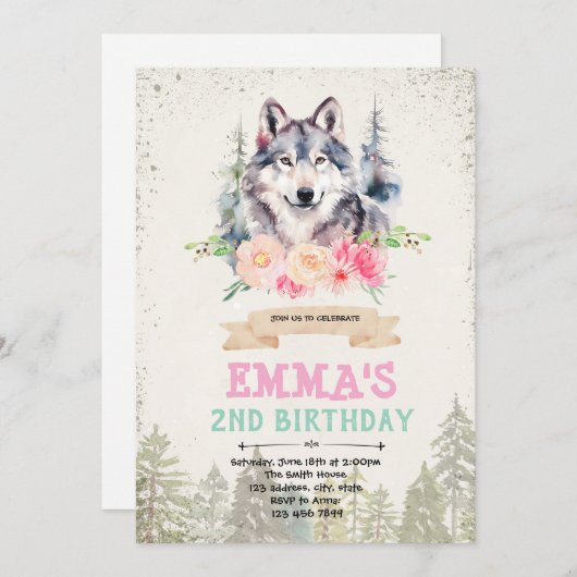ウルフの女の子の誕生日パーティーの招待 招待状 (正面/裏面)