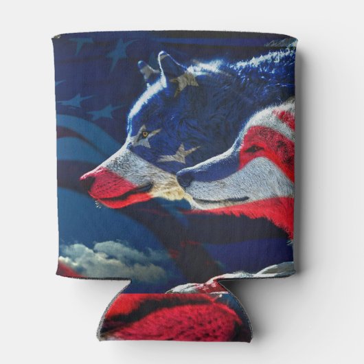 ウルフアメリカ国旗の満月 缶クーラー (裏面)