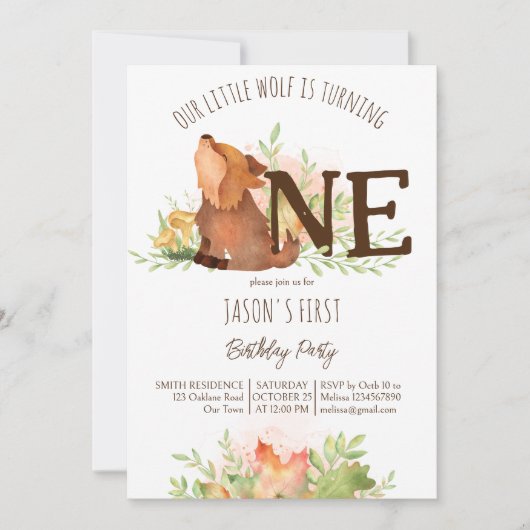 ウルフウッドランズ秋最初の誕生日テンプレート 招待状 (正面)