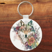 ウルフカラフルと花模様の水色の自然鍵 キーホルダー (正面)
