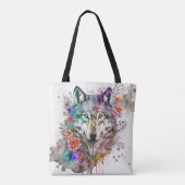 ウルフカラフルと花模様自然の水色 トートバッグ (裏面)