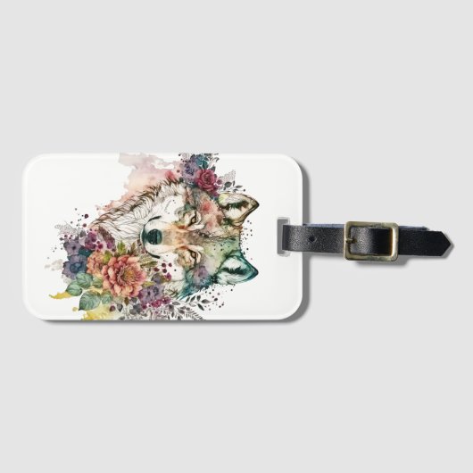 ウルフカラフルと花模様自然の水色 ラゲッジタグ (正面横)