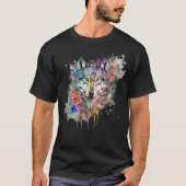ウルフカラフルと花模様自然の水色 Tシャツ (正面)