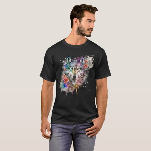 ウルフカラフルと花模様自然の水色 Tシャツ (正面フル)