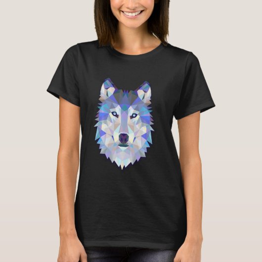 ウルフカラフルヘッドT型男性女性幾何学的ポリゴン Tシャツ (正面)