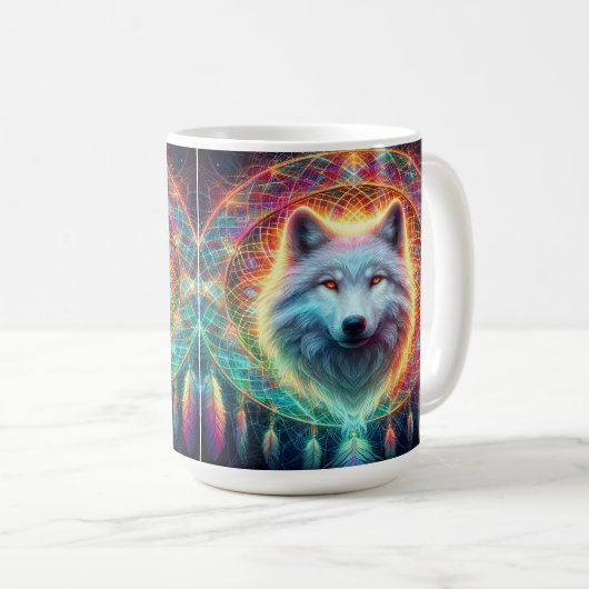 ウルフカラフルポートレートとドリームキャッチャー コーヒーマグカップ (正面右)