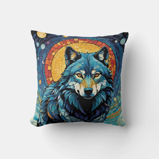 ウルフカラフルモザイクイラストレーション威厳のある クッション (正面)