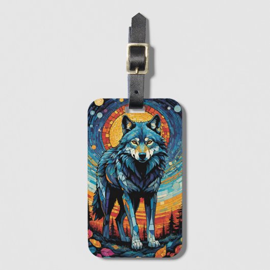 ウルフカラフルモザイクイラストレーション威厳のある ラゲッジタグ (正面縦)